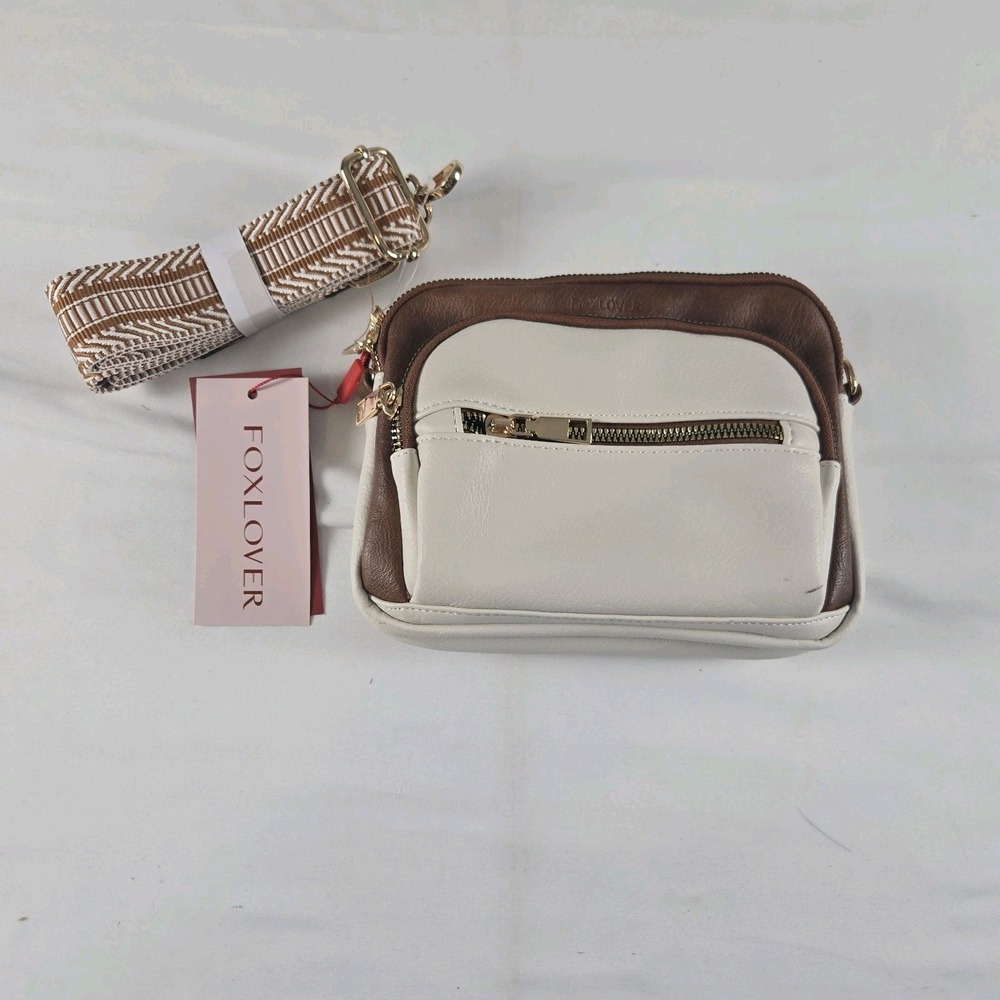 Foxlover‎ Crossbody Bag NWT Cream Brown Colorblock Double Zip Gold